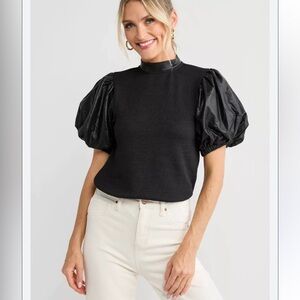 New With Tags THML Knit and Vegan Leather Puff Sleeve Top Sz M